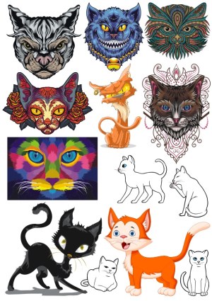 Diverse Cat Illustrations and Stylized Cat Faces Vector Set Free Vector