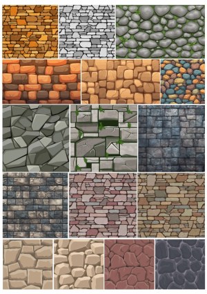 Cartoon Style Stone and Brick Wall Seamless Patterns Collection Free Vector
