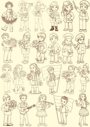 Vintage Line Art Illustrations of Children in Various Roles and Activities Free Vector