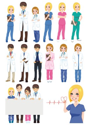 Vector Set of Diverse Medical Professionals in Various Poses and Uniforms Free Vector