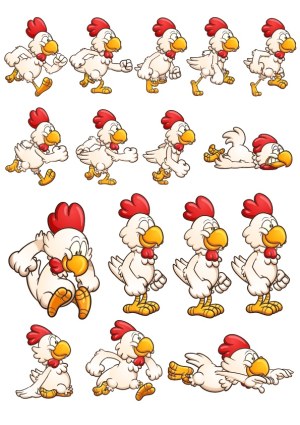 Cartoon Chicken Character in Various Running and Jumping Poses Free Vector