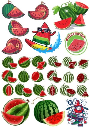 Watermelon Vector Clipart Collection with Cartoon Characters and Whole Fruits Free Vector