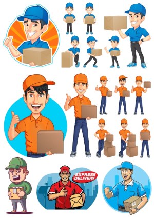 Delivery Courier Characters Holding Boxes in Various Poses Free Vector