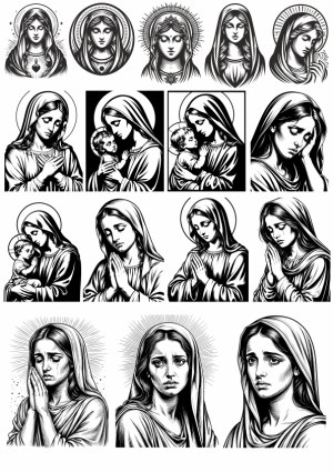 Black and White Vector Illustrations of Virgin Mary in Various Poses Free Vector