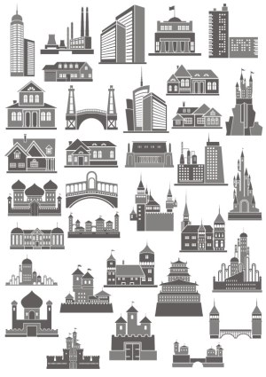 Set of Vector Icons Featuring Various Buildings and Architectural Structures Free Vector