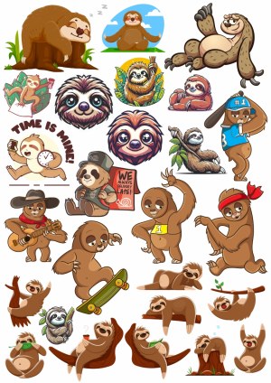 Collection of Cute and Funny Sloth Cartoon Characters and Emotions Free Vector