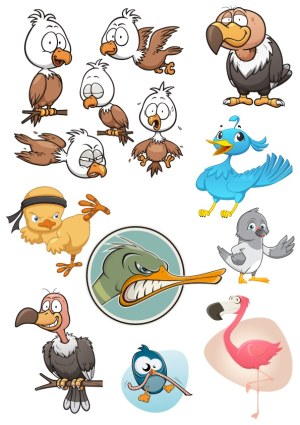Cartoon Bird Characters Set Including Eagles, Vultures, Flamingo, and Small Birds Free Vector