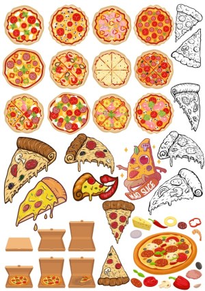 Variety of Colorful Pizza Designs and Slices Free Vector