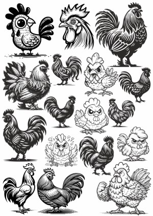 Collection of Black and White Rooster and Chicken Illustrations Free Vector