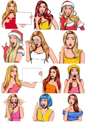 Set of Diverse Women Expressing Emotions and Gestures in Pop Art Style Free Vector