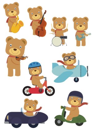 Cute Cartoon Bears Playing Instruments and Riding Vehicles Free Vector