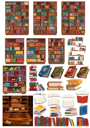 Vector Collection of Bookshelves, Stacks of Books, and Open Books Free Vector