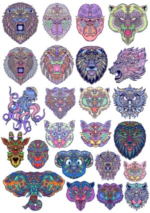 Set of Colorful Ornate Animal Head Vectors with Intricate Patterns Free Vector