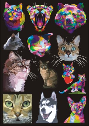 Colorful Vector Illustrations of Various Cat Breeds and a Husky Dog Free Vector