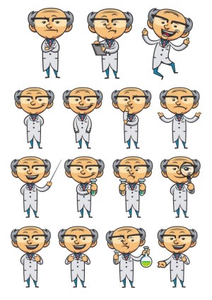 Cartoon Scientist Character Various Emotions and Actions Set Free Vector