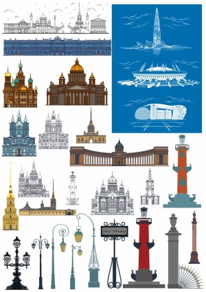 Vector Illustrations of Saint Petersburg Landmarks and Street Elements Free Vector