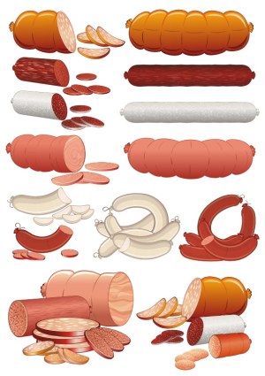 Collection of Various Types of Sliced and Whole Sausages Free Vector