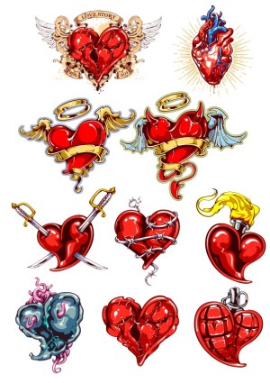 Set of Detailed Heart Tattoos and Symbols Vector Illustrations Free Vector