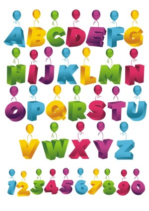 Colorful 3D Alphabet and Number Set with Balloons Free Vector