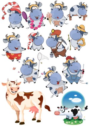 Cartoon Cow Characters in Various Costumes and Poses Free Vector