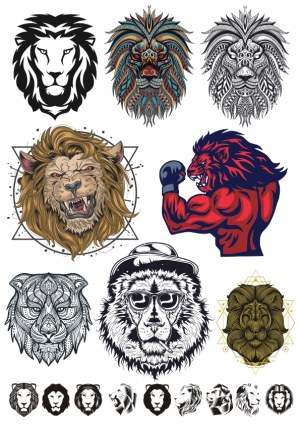 Collection of Lion Head Vector Illustrations in Various Artistic Styles Free Vector