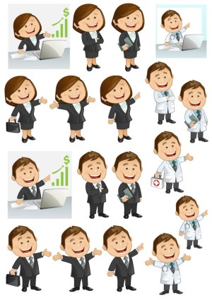 Cartoon Business and Doctor Characters Set with Various Gestures Free Vector