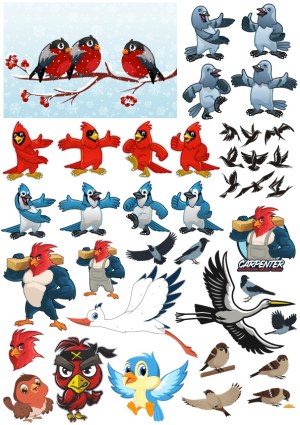 Collection of Cartoon Birds and Bird Silhouettes Free Vector