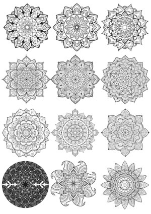 Set of 12 Detailed Black and White Mandala Vector Designs Free Vector