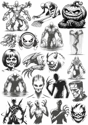 Collection of Black and White Horror and Monster Vector Illustrations Free Vector