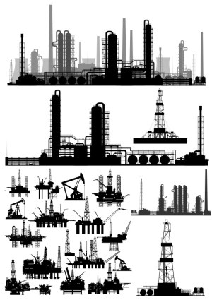 Silhouettes of Oil Refineries and Offshore Oil Rigs Free Vector