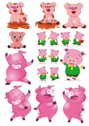 Cartoon Pig Characters in Various Poses and Expressions Free Vector