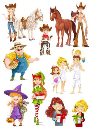 Cartoon Characters Collection Including Cowboys, Farmers, Holiday Figures, and Family Free Vector