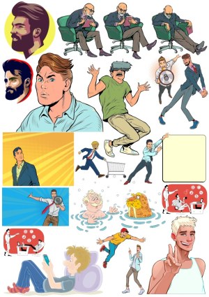 Collection of Diverse Cartoon Male Characters and Scenes Free Vector