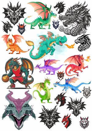 Collection of Colorful and Black Dragon Illustrations and Head Logos Free Vector