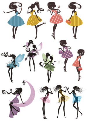 Stylish Silhouettes of Women in Colorful Dresses and Fairy Costumes Free Vector