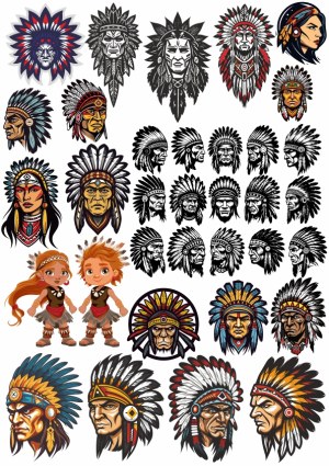 Collection of Native American Chief and Warrior Vector Illustrations Free Vector