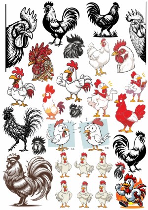 Variety of Rooster and Chicken Vector Illustrations and Cartoons Free Vector