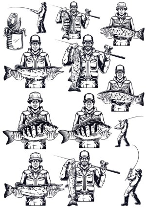 Black and White Fishing Illustrations with Anglers and Fish Free Vector