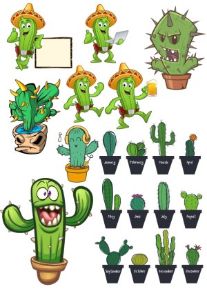 Cartoon Cactus Characters and Monthly Potted Cacti Collection Free Vector
