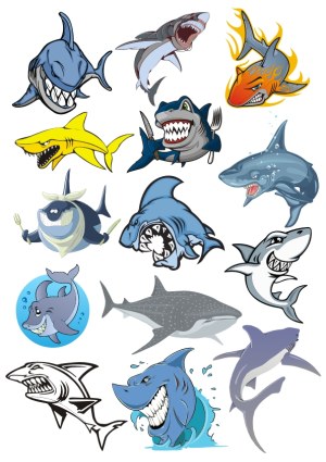 Collection of Cartoon and Realistic Shark Illustrations Free Vector