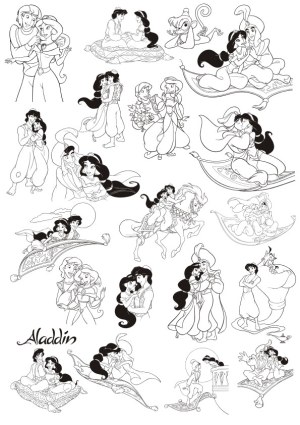 Line Art Illustrations of Aladdin and Jasmine Scenes Free Vector