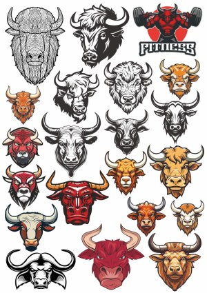Collection of Bull and Buffalo Head Vector Illustrations Free Vector