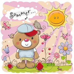 Cute Teddy Bear in Summer Garden with Sun and Flowers Free Vector
