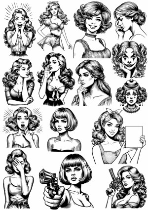 Black and White Retro Woman Portraits and Expressions Vector Pack Free Vector