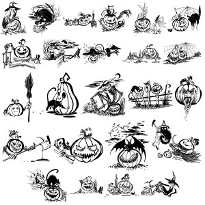 Spooky Halloween Pumpkin and Witch Vector Illustrations Free Vector