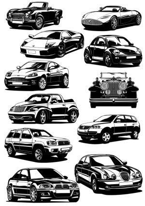 Black and White Vector Illustration of Various Car Models Free Vector
