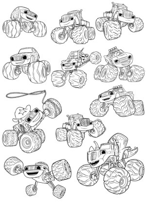 Black and White Monster Truck Characters Coloring Pages Free Vector