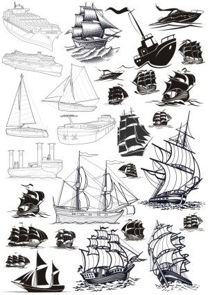 Black and White Vector Illustrations of Various Sailing Ships and Boats Free Vector