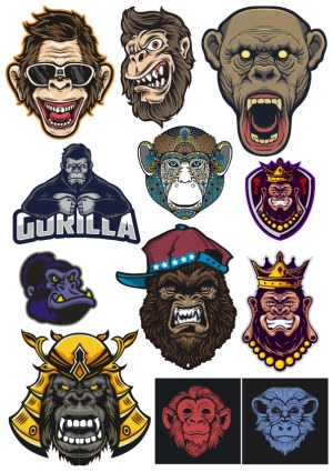 Gorilla and Monkey Heads Vector Collection with Various Expressions and Themes Free Vector