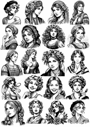 Detailed Black and White Vintage Portraits of Women in Various Hairstyles and Period Clothing Free Vector
